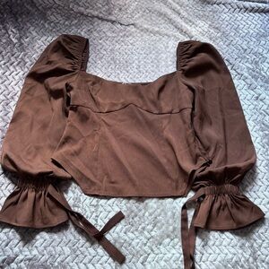 NWT pretty Lavish puff sleeve side zip brown blouse top size 10/ large
